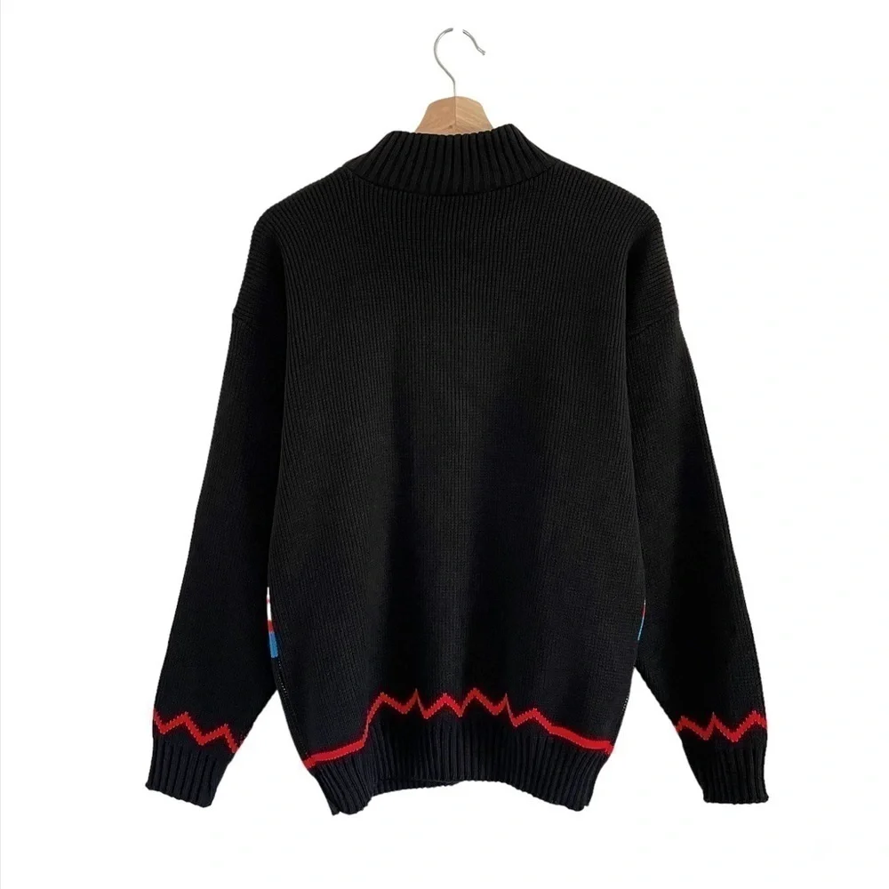 Vintage 90s Mock Neck Patterned Knit Pullover Sweater Black Multicolor Medium